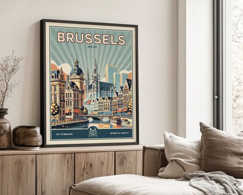 Retro-style poster of Brussels featuring buildings and a bridge with the word 'Brussels' at the top.