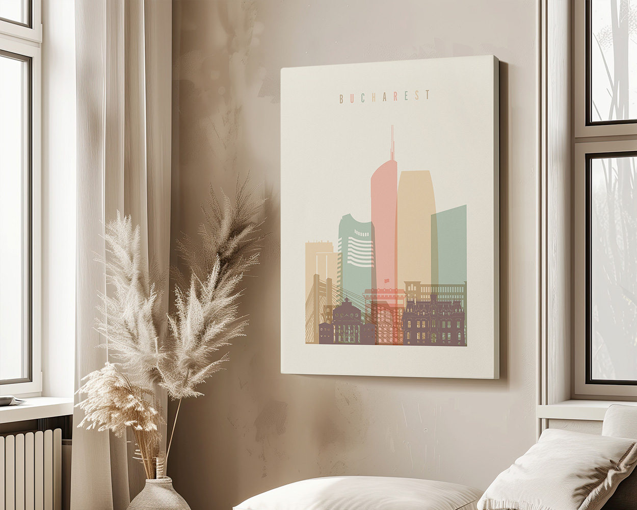 Stylized cityscape artwork of Bucharest featuring modern and historical buildings in soft colors.