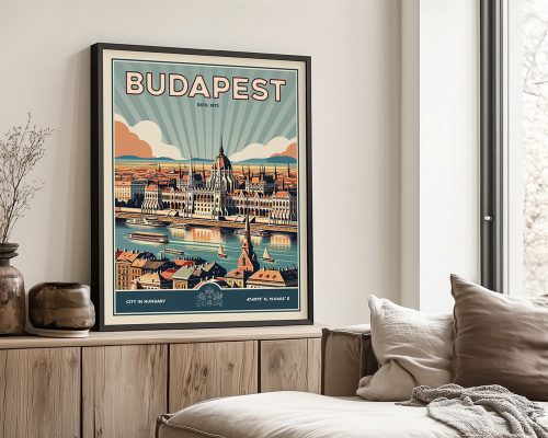 Retro art print of Budapest featuring the Parliament building and river view.