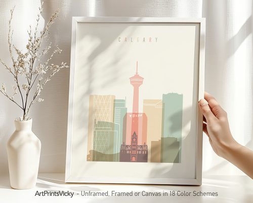 Art print featuring a stylized cityscape of Calgary with notable buildings and the Calgary Tower.