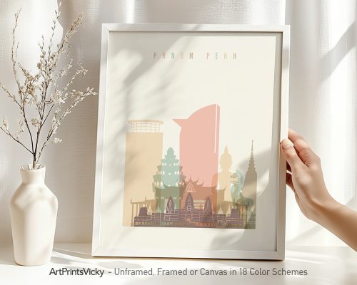 Art print of Phnom Penh skyline featuring notable buildings and structures in pastel colors.