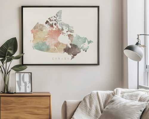 Watercolor-style map of Canada with various colors representing different regions.