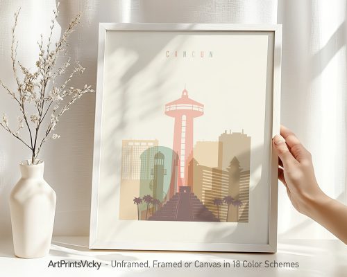 Art print of Cancun featuring a stylized tower and buildings in soft colors.