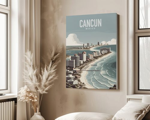 Art print of Cancun, Mexico featuring a coastal view with buildings and ocean waves.