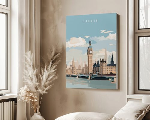 London Illustrated cityscape wall art print featuring iconic landmarks, available in framed, unframed, or canvas styles by ArtPrintsVicky.