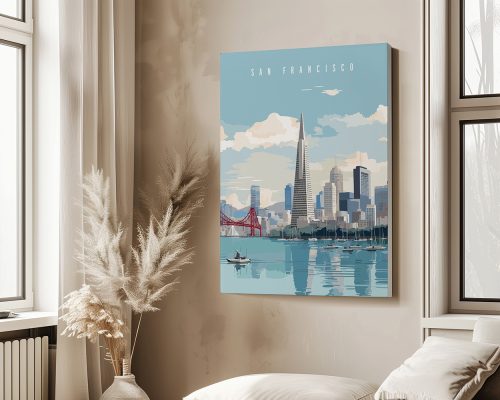 Art print of San Francisco skyline featuring the Transamerica Pyramid and Golden Gate Bridge.