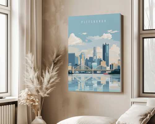 Illustration of Pittsburgh skyline with a bridge and water reflection under a blue sky.
