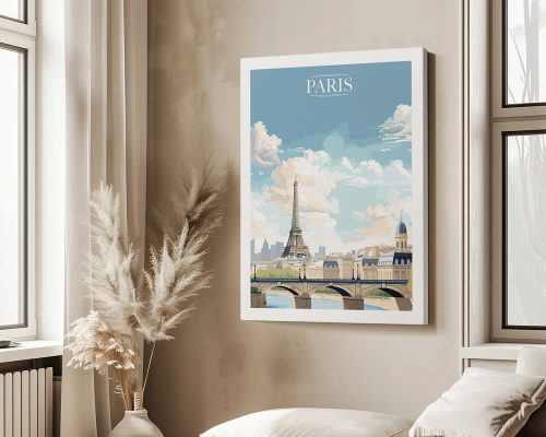 Art print featuring the Eiffel Tower and a bridge in Paris under a blue sky with clouds.