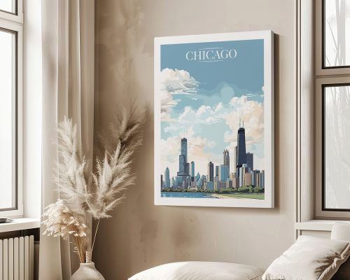 Art print of Chicago skyline with clouds and blue sky in a framed display.