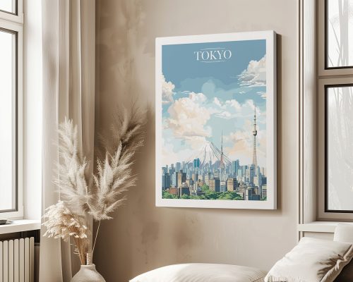 Art print depicting a cityscape of Tokyo with Mount Fuji and Tokyo Skytree under a cloudy sky.