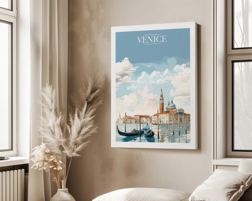 Art print of Venice featuring a cityscape with boats and buildings under a blue sky.