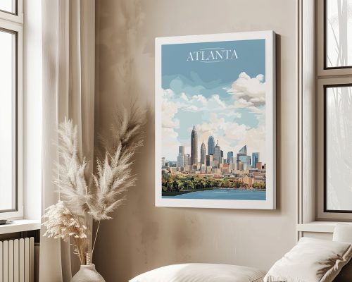 Artistic representation of Atlanta skyline with clouds and blue sky above the city.