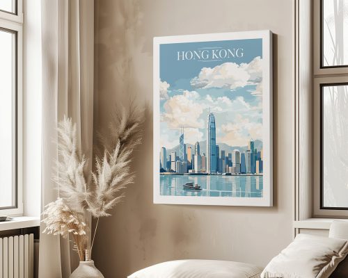 Art print of Hong Kong skyline with clouds and water reflection in a modern style.