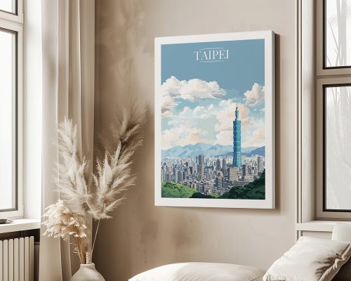 Art print of Taipei featuring Taipei 101 and a mountainous backdrop with clouds.