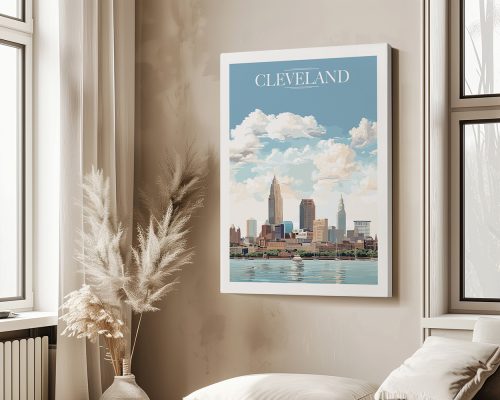 Art print of Cleveland skyline with clouds and water reflection in a neutral-toned room.