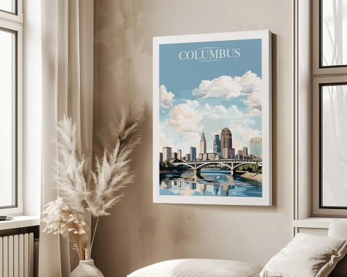 Art print of Columbus skyline featuring buildings and a bridge over water with clouds in the background.