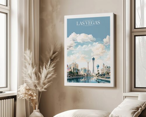 Art print featuring a cityscape of Las Vegas with clouds and buildings in a light blue sky.