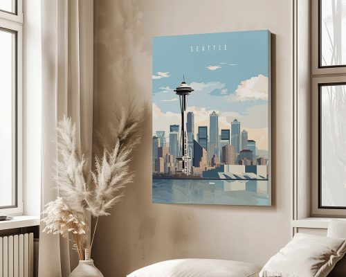 Art print depicting the Seattle skyline with the Space Needle and clouds in the background.