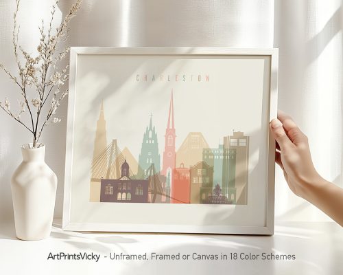 Art print of Charleston cityscape featuring various buildings in a minimalist style.