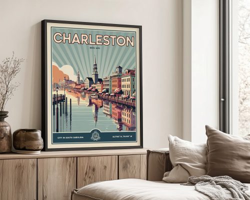 Retro-style print of Charleston, South Carolina featuring buildings and water reflections.