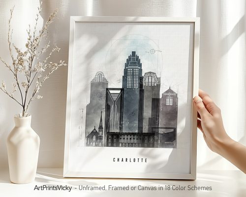 Framed artwork depicting the skyline of Charlotte with various building silhouettes.