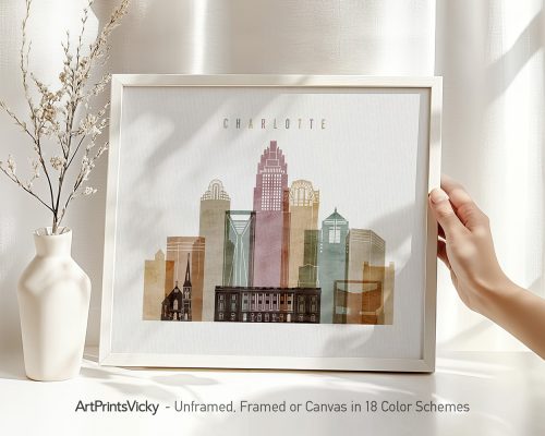 Framed artwork depicting the skyline of Charlotte with various building silhouettes and colors.