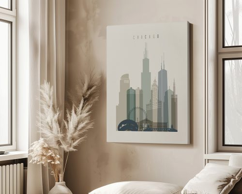 Illustration of Chicago's skyline featuring prominent buildings in muted colors.