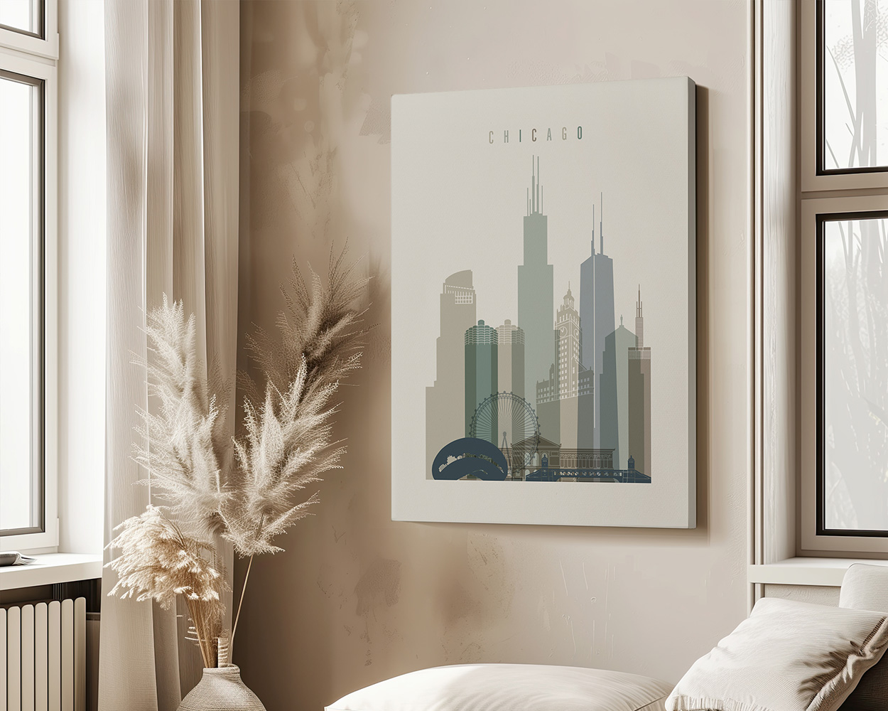 Illustration of Chicago's skyline featuring prominent buildings in muted colors.