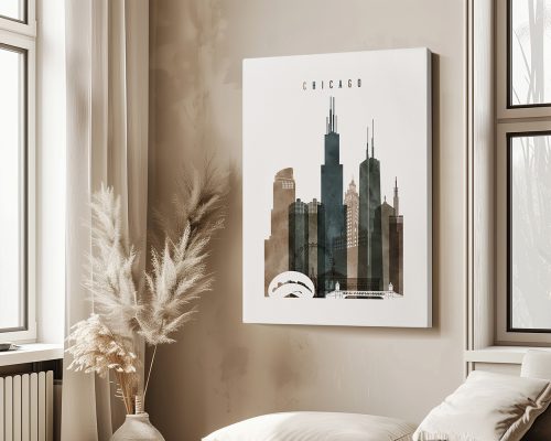 Artistic representation of the Chicago skyline featuring prominent buildings and structures.