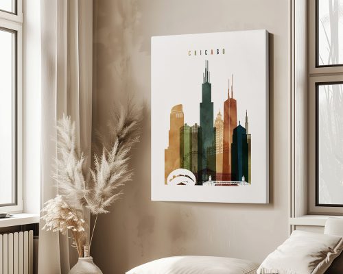 Artistic representation of Chicago skyline with various building silhouettes in earthy tones.