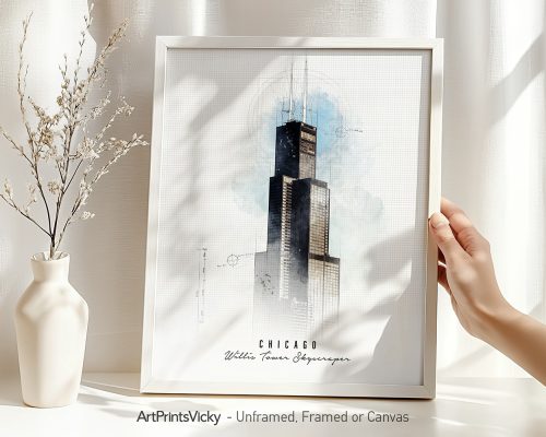 Framed artwork of the Willis Tower in Chicago with a watercolor effect and grid background.