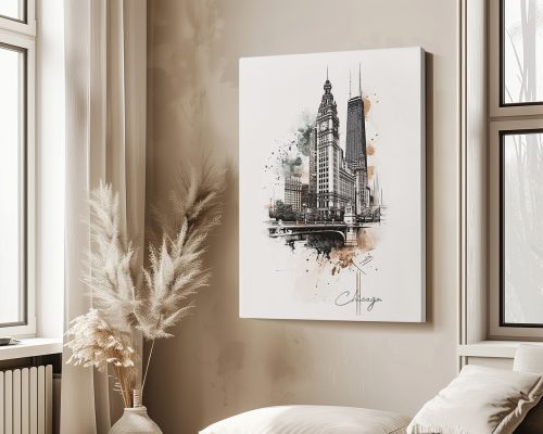 Illustration of Chicago's skyline featuring prominent buildings in a watercolor style.