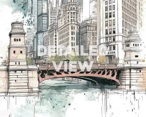 Illustration of a cityscape featuring buildings and a bridge over a river in Chicago.