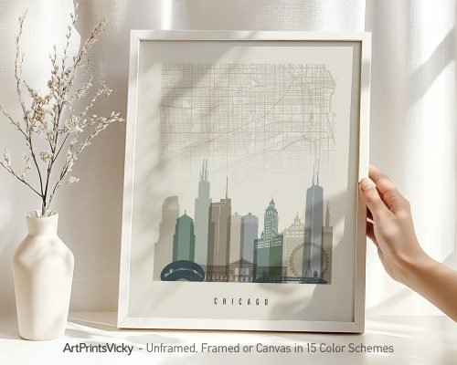 Art print of a city map of Chicago with notable buildings and landmarks illustrated.