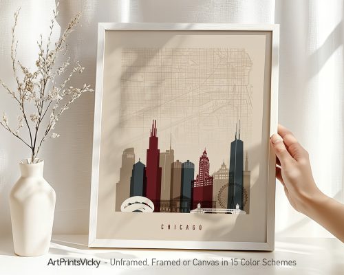 Art print of a stylized Chicago city map with prominent buildings in various colors.