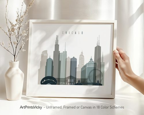 Illustration of Chicago skyline featuring notable buildings and structures in muted colors.