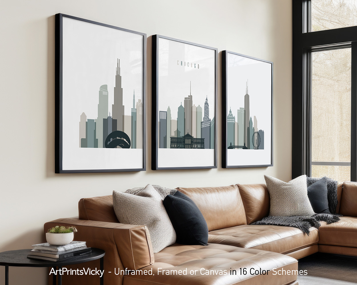 Three framed art prints depicting a stylized cityscape of Chicago in muted colors.
