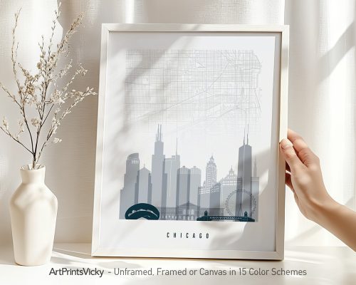 Art print of a Chicago city map with skyline silhouettes and a light background.