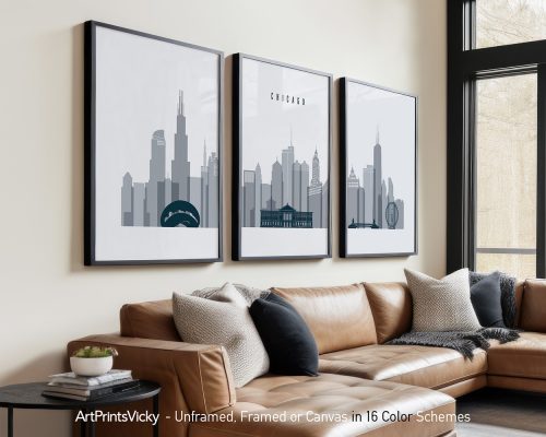 Three framed art prints of a Chicago cityscape featuring iconic buildings and landmarks.