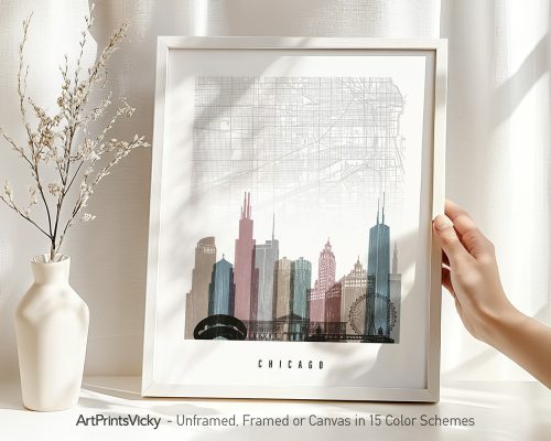 Art print featuring a stylized map of Chicago with skyline illustrations in various colors.