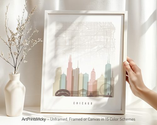Art print of a Chicago city map with skyline and landmarks in pastel colors.