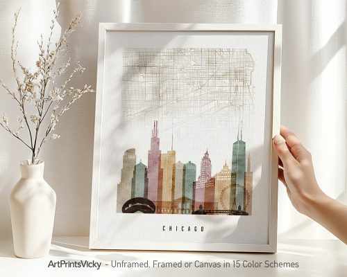 Art print of a stylized map of Chicago with city skyline elements in soft colors.
