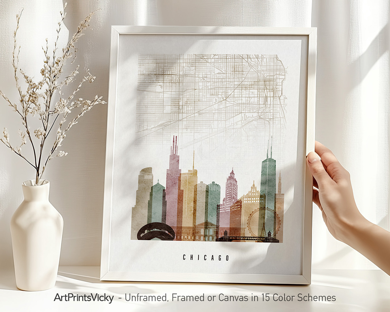 Art print of a stylized map of Chicago with city skyline elements in soft colors.