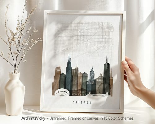 Art print of a Chicago city map with skyline illustration in muted colors.
