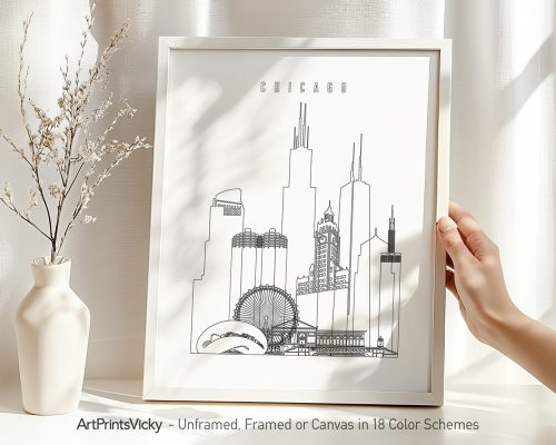 Outline illustration of the Chicago skyline featuring notable buildings in a minimalist style.