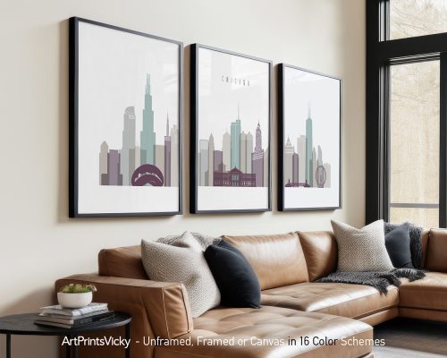 Three framed prints of a Chicago cityscape featuring notable buildings and landmarks.