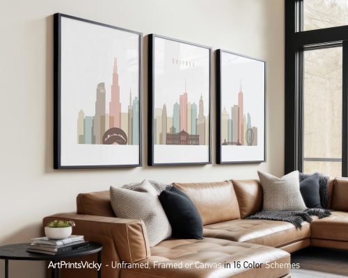 Three framed art prints depicting a stylized cityscape of Chicago with notable buildings.