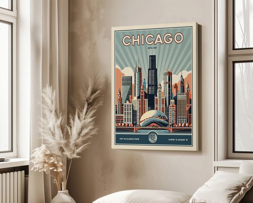 Retro-style print of the Chicago city skyline featuring notable buildings and the Bean sculpture.