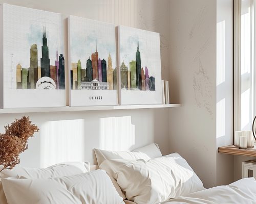 Three canvas prints depicting a cityscape of Chicago with various buildings and a skyline.