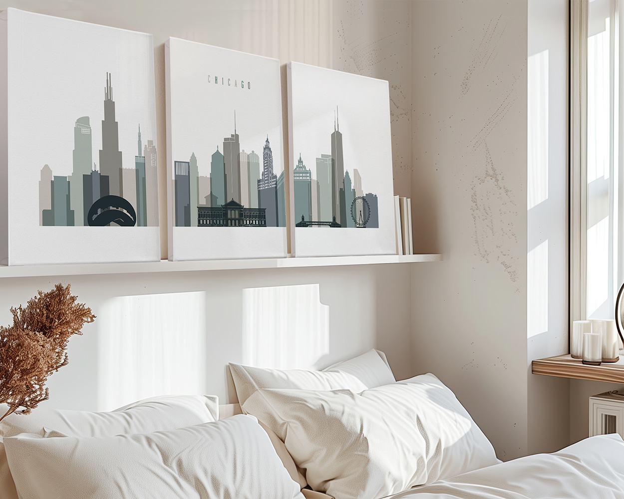 Three canvas prints of a Chicago cityscape displayed on a shelf above a bed.